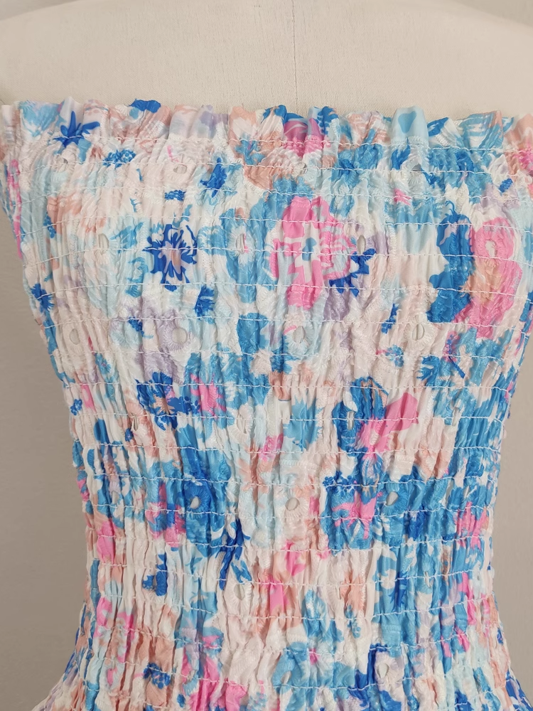 Cute A line Strapless Sleeveless Blue Floral Cocktail Dress Short Birthday Outfits
