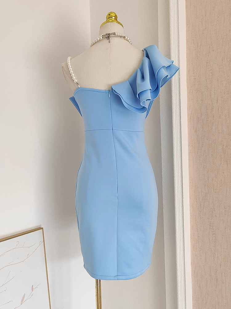 Cute Sheath One Shoulder One Shoulder Blue Cocktail Dress Short Birthday Outfits
