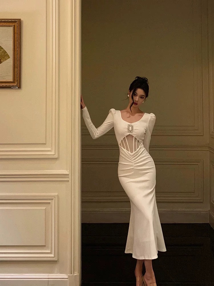 Sexy Sheath U Neckline White Long Sleeves Prom Dresses Birthday Dress