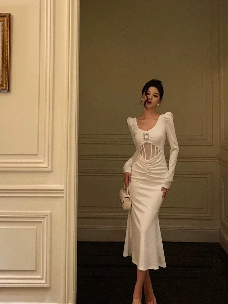 Sexy Sheath U Neckline White Long Sleeves Prom Dresses Birthday Dress