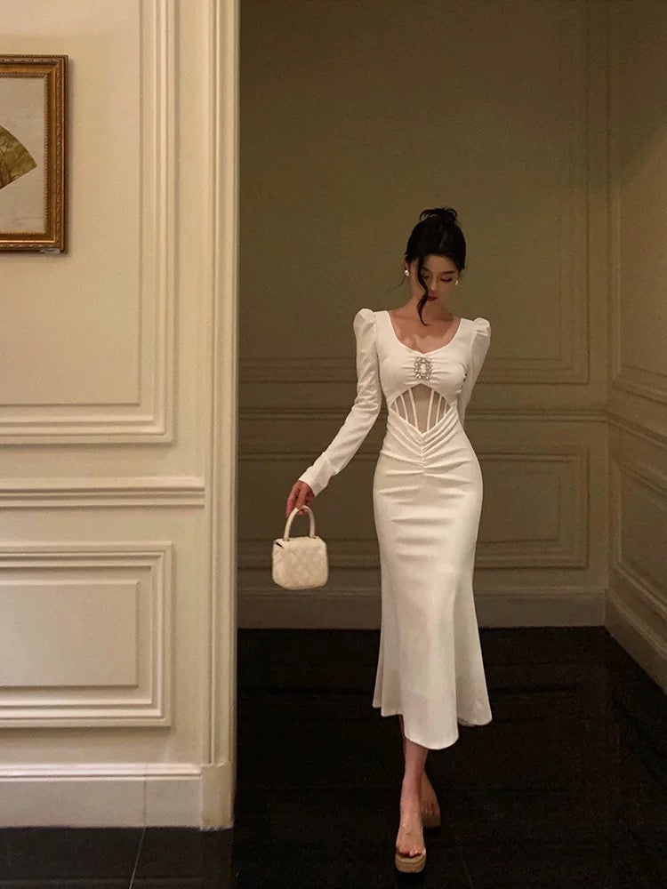 Sexy Sheath U Neckline White Long Sleeves Prom Dresses Birthday Dress