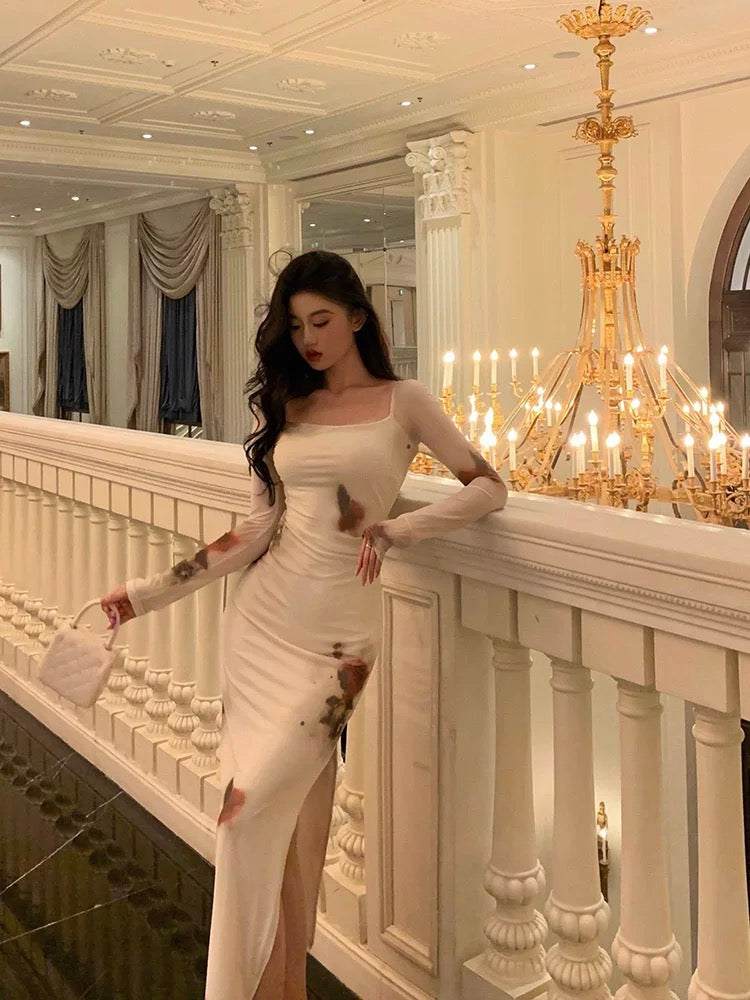 Sexy Sheath Square Neckline Long Sleeves Slit Floral Prom Dresses Birthday Dress