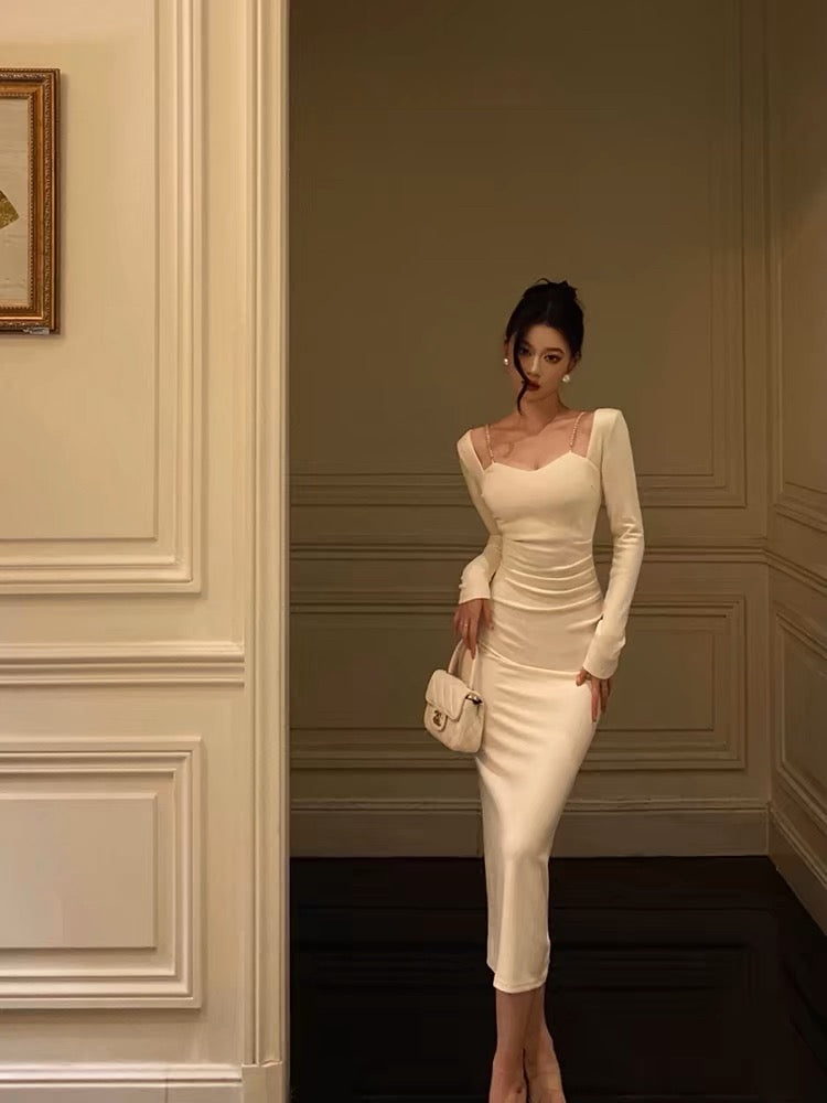 Sexy Sheath Straps Long Sleeves White Ankle Length Prom Dresses Birthday Dress
