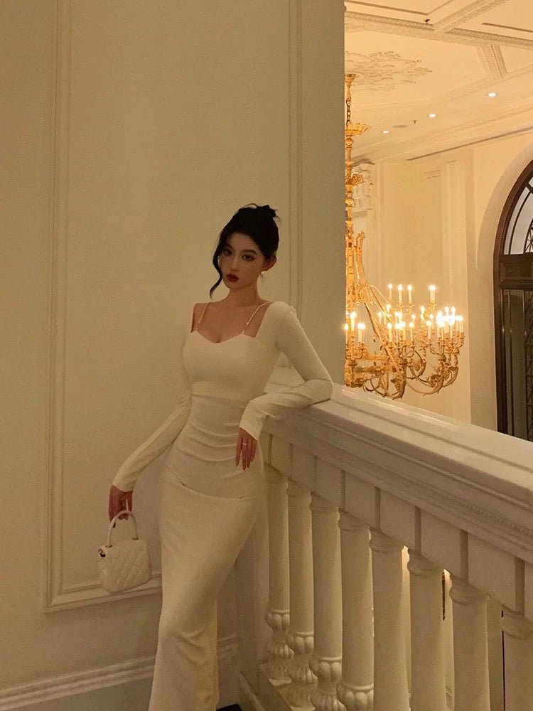 Sexy Sheath Straps Long Sleeves White Ankle Length Prom Dresses Birthday Dress