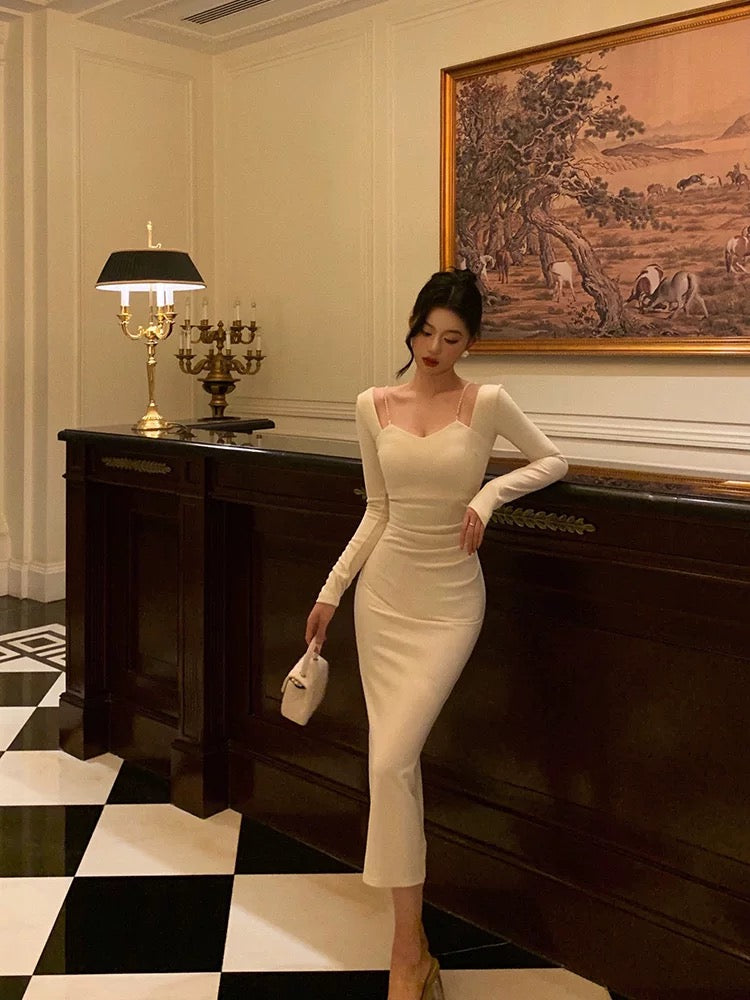 Sexy Sheath Straps Long Sleeves White Ankle Length Prom Dresses Birthday Dress