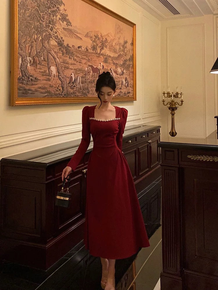 Simple A line Square Neckline Long Sleeves Red Prom Dresses Birthday Dress