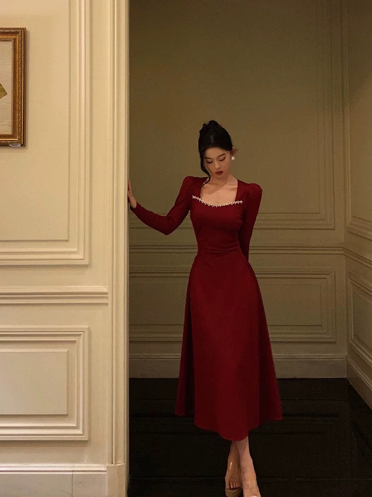 Simple A line Square Neckline Long Sleeves Red Prom Dresses Birthday Dress