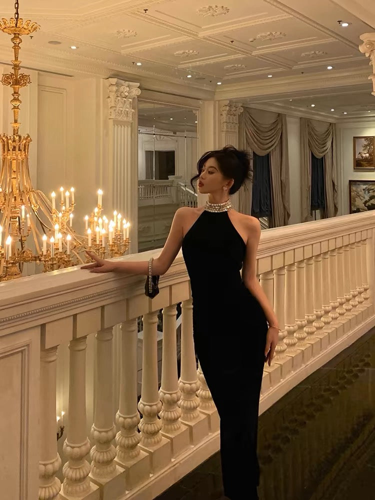 Sexy Sheath High Neckline Black Beads Ankle Length Prom Dresses Birthday Dress