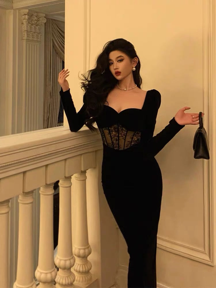 Sexy Sheath Sweetheart Velvet Black Long Sleeves Prom Dresses Evening Dress