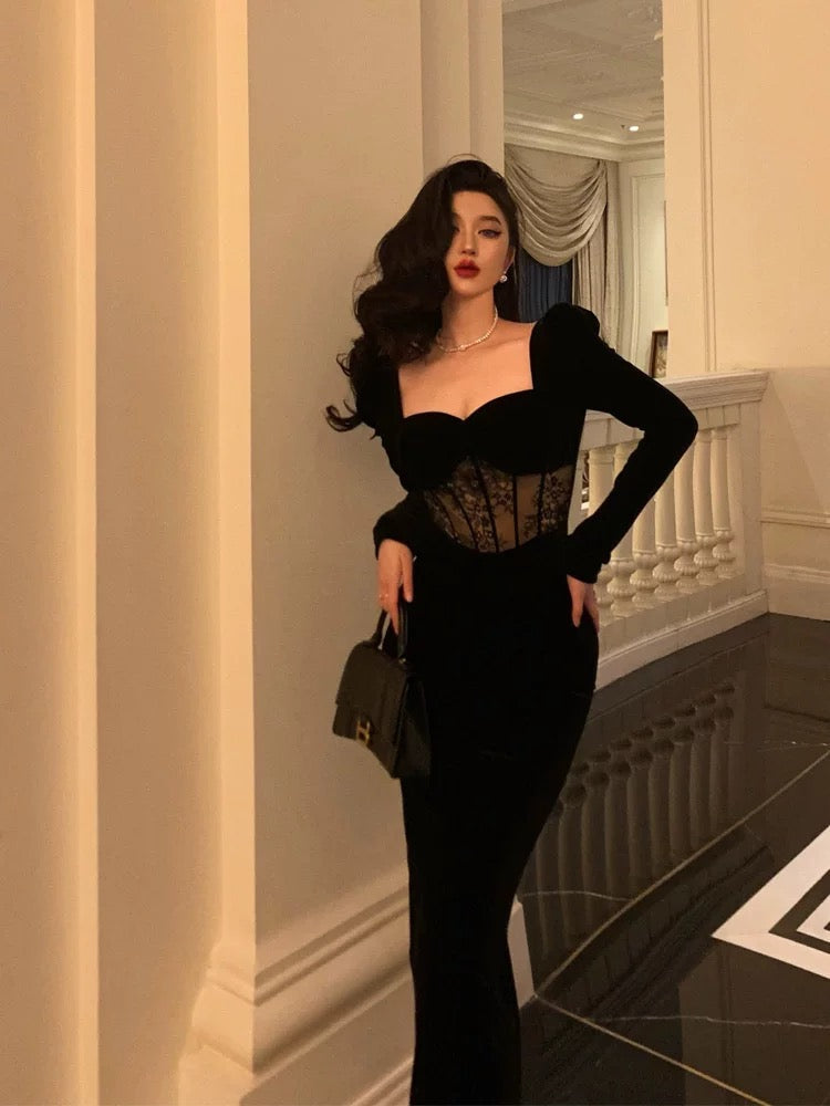 Sexy Sheath Sweetheart Velvet Black Long Sleeves Prom Dresses Evening Dress