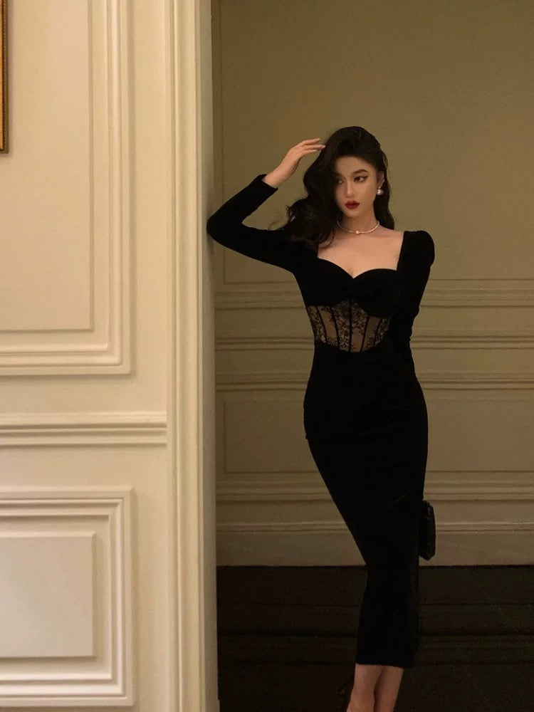 Sexy Sheath Sweetheart Velvet Black Long Sleeves Prom Dresses Evening Dress