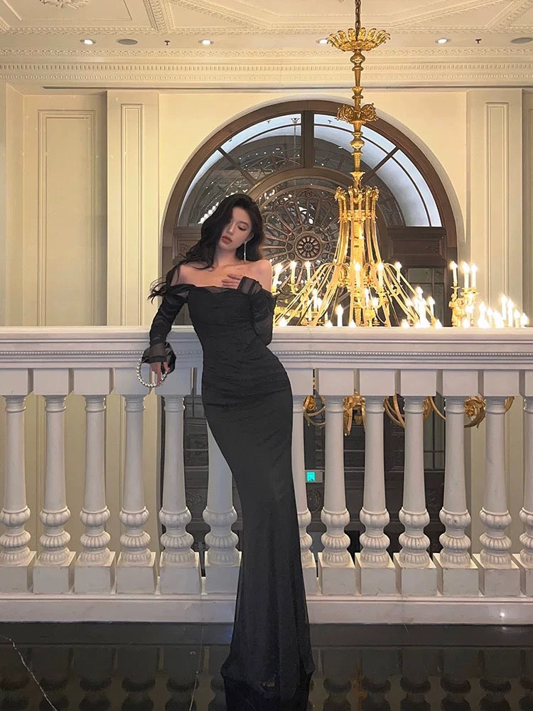 Sexy Sheath Off The Shoulder Black Long Sleeves Prom Dresses Evening Dress