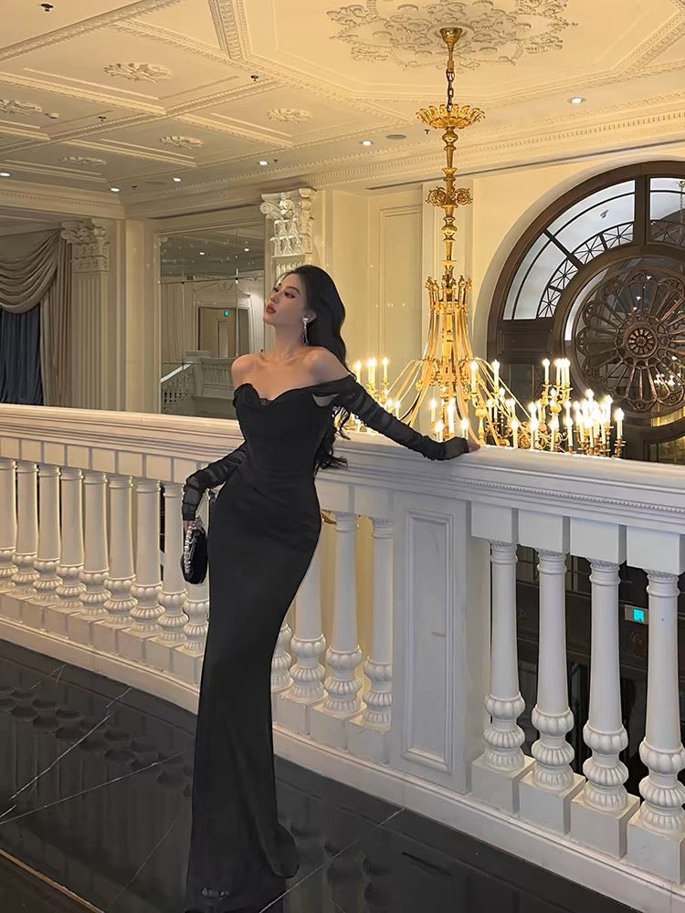 Sexy Sheath Off The Shoulder Black Long Sleeves Prom Dresses Evening Dress