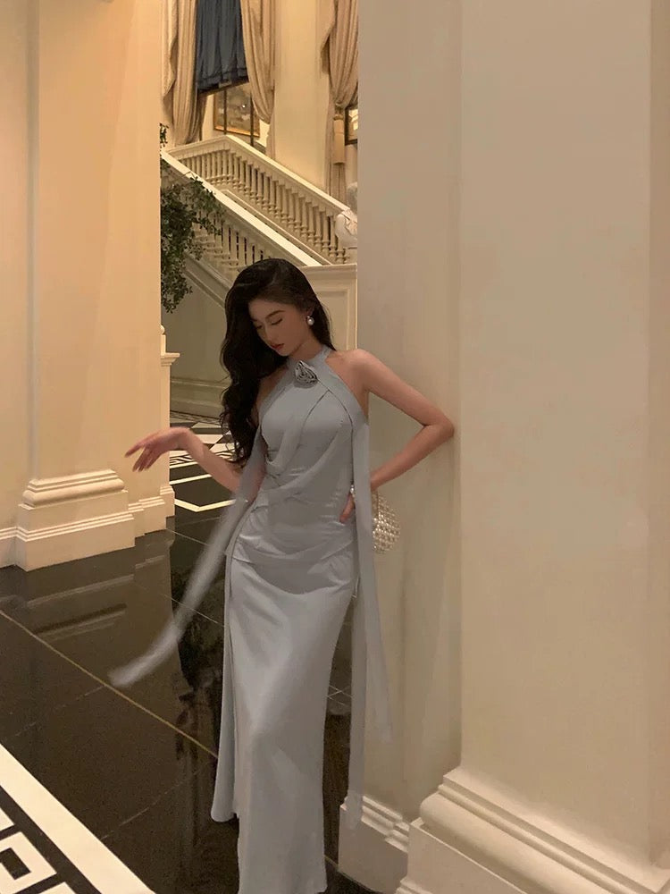 Sexy Sheath High Neckline Dusty Blue Satin Flowers Long Prom Dresses Evening Dress