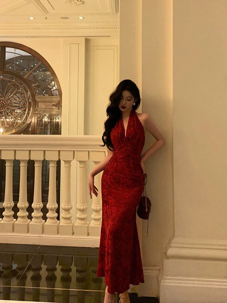 Sexy Sheath V Neckline Red Floral Ankle Length Prom Dresses Birthday Dress