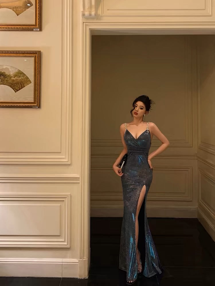 Sexy Sheath Straps Sequin Blue Slit Long Prom Dresses Evening Dress