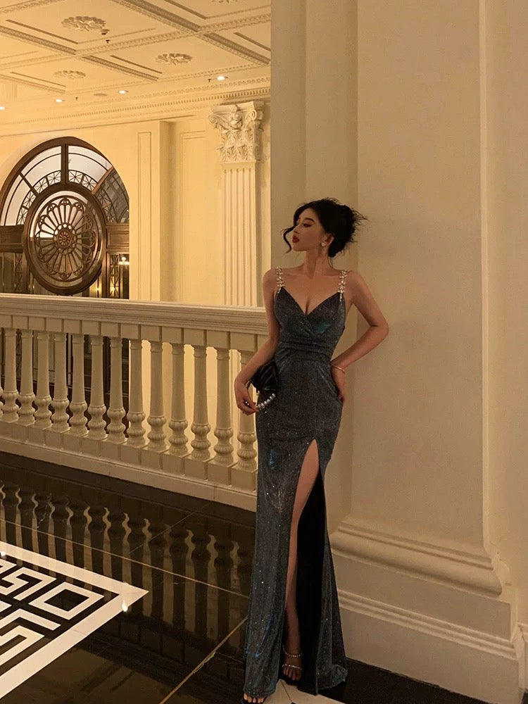 Sexy Sheath Straps Sequin Blue Slit Long Prom Dresses Evening Dress