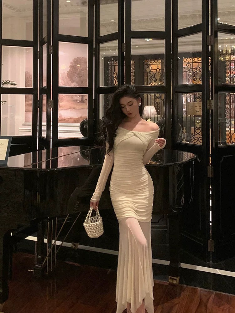 Modest Sheath Off The Shoulder Long Sleeves Beige Prom Dresses Evening Dress