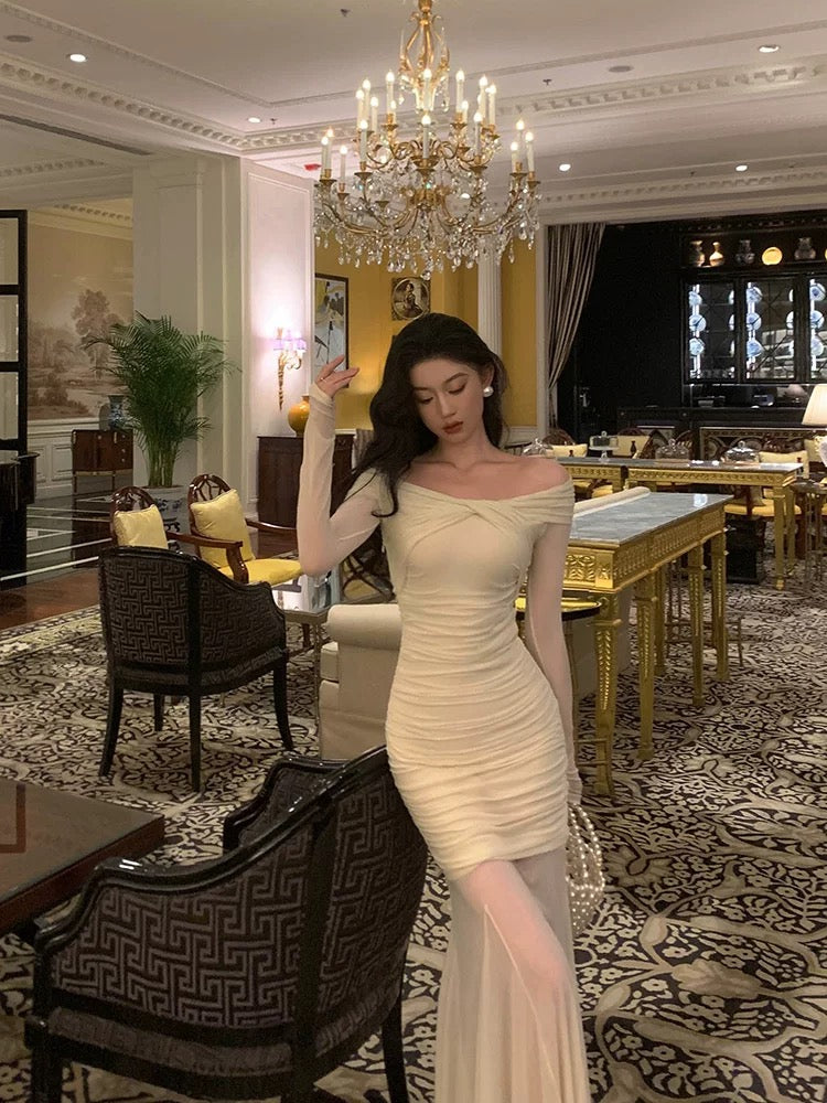 Modest Sheath Off The Shoulder Long Sleeves Beige Prom Dresses Evening Dress