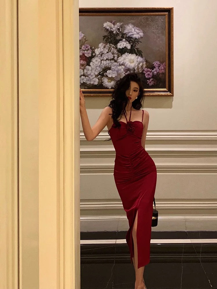 Sexy Sheath Halter Red Ankle Length Slit Prom Dresses Birthday Dress