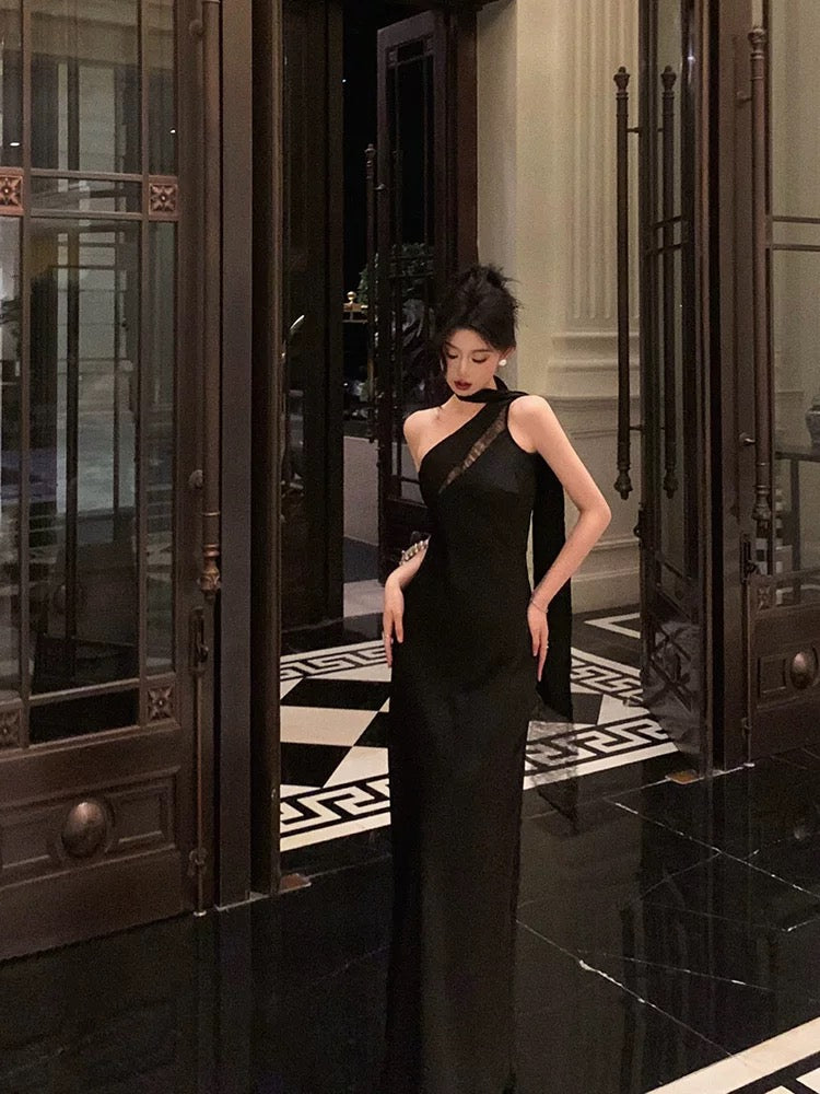 Sexy A Line One Shoulder Black Floor Length Prom Dresses Birthday Dress