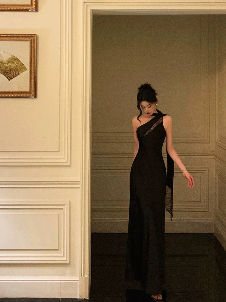 Sexy A Line One Shoulder Black Floor Length Prom Dresses Birthday Dress