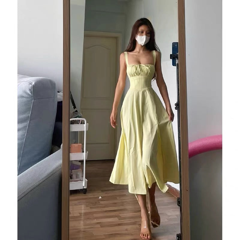 Cute A line Straps Ruffled Yellow Ankle Length Women's Vacation Dresses