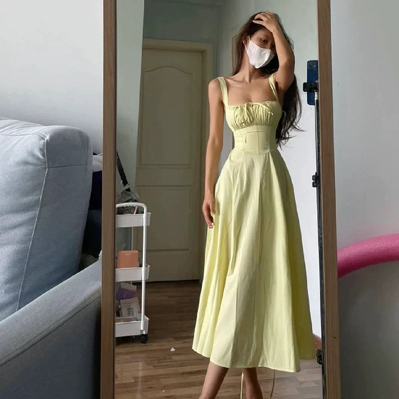 Cute A line Straps Ruffled Yellow Ankle Length Women's Vacation Dresses