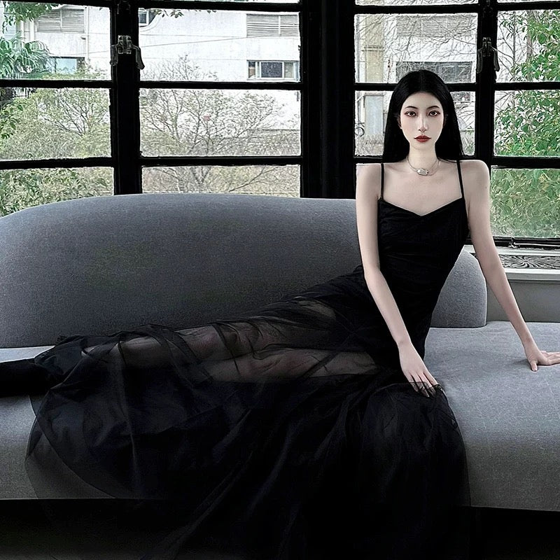 Sexy A Line Spaghetti Straps Black Floor Length Prom Dresses Birthday Dress
