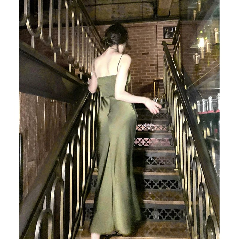 Sexy Sheath Spaghetti Straps Floor Length Green Satin Prom Dresses Birthday Dress