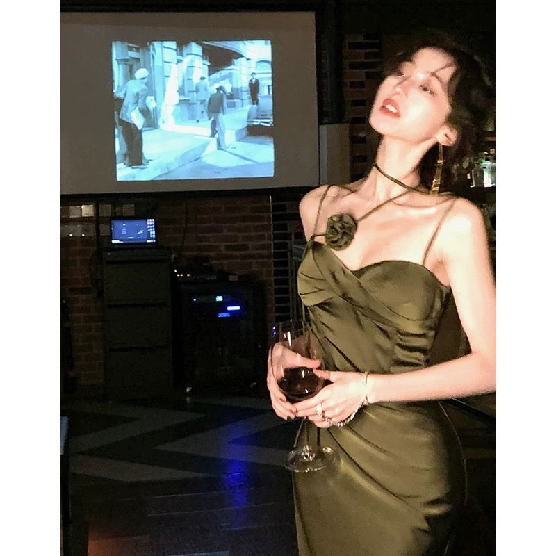 Sexy Sheath Spaghetti Straps Floor Length Green Satin Prom Dresses Birthday Dress