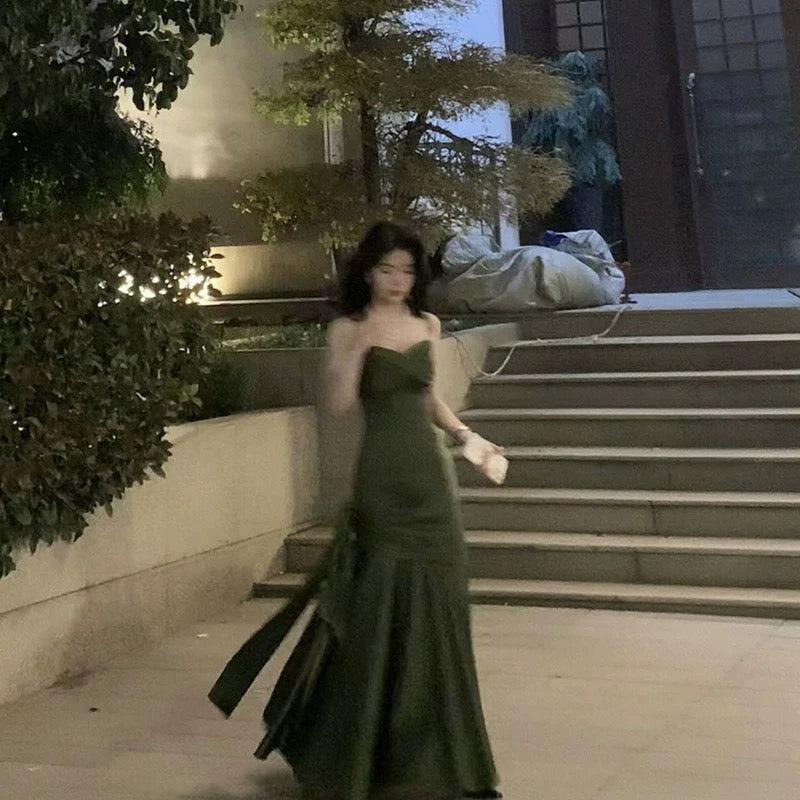 Simple Sheath Spaghetti Straps Floor Length Olive Green Satin Party Dresses Birthday Outfits