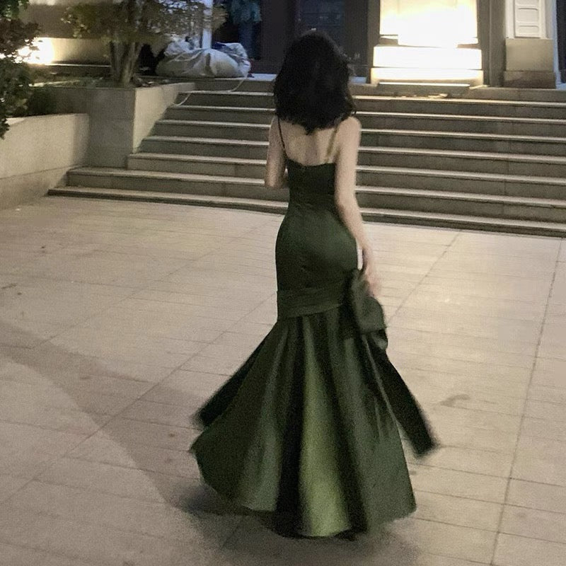 Simple Sheath Spaghetti Straps Floor Length Olive Green Satin Party Dresses Birthday Outfits
