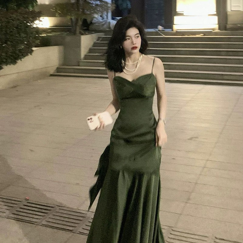 Simple Sheath Spaghetti Straps Floor Length Olive Green Satin Party Dresses Birthday Outfits