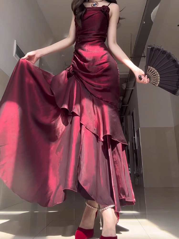 Chic Sheath Spaghetti Straps Burgundy Long Party Dresses Birthday Outfits