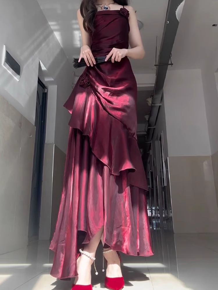 Chic Sheath Spaghetti Straps Burgundy Long Party Dresses Birthday Outfits