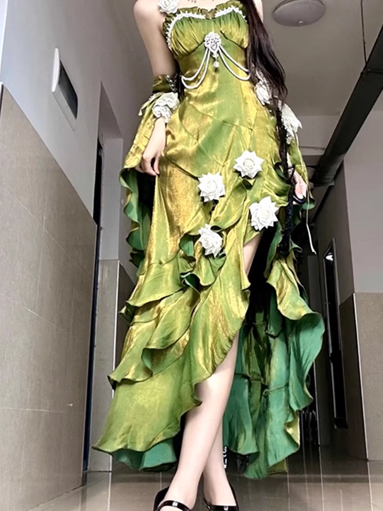 Vintage Sheath Irregular Ruffled Spaghetti Straps Women's Green Birthday Party Dresses