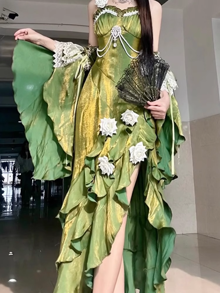 Vintage Sheath Irregular Ruffled Spaghetti Straps Women's Green Birthday Party Dresses