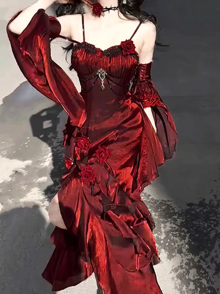 Vintage Sheath Irregular Ruffled Spaghetti Straps Women's Burgundy Birthday Party Dresses With Sleeves