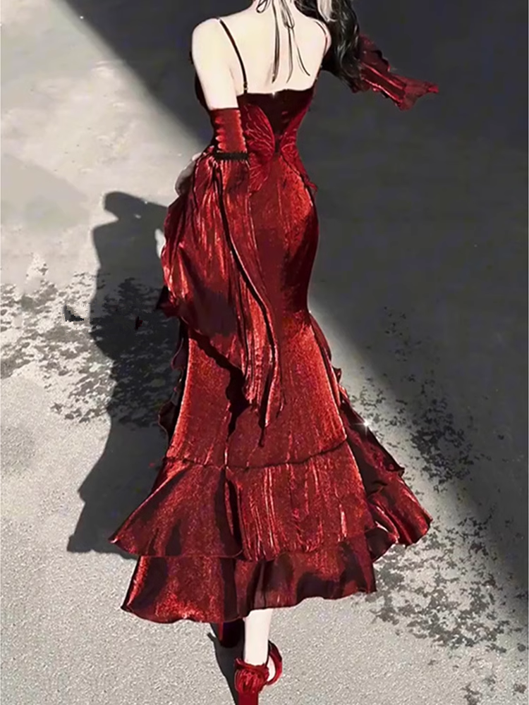 Vintage Sheath Irregular Ruffled Spaghetti Straps Women's Burgundy Birthday Party Dresses With Sleeves