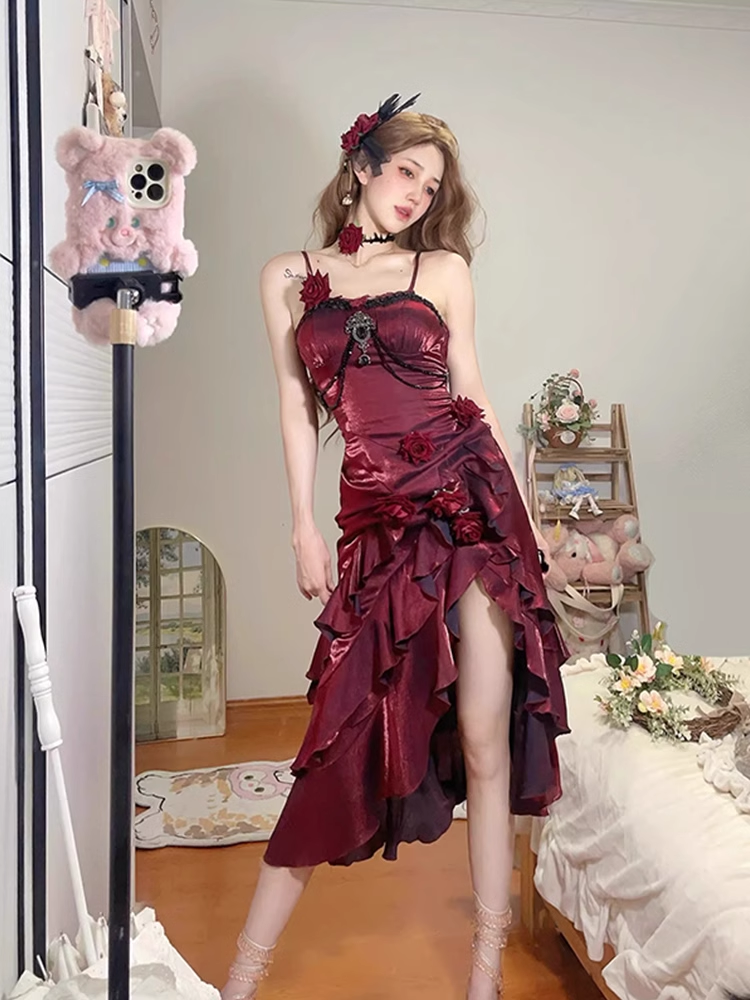 Vintage High Low Irregular Ruffled Spaghetti Straps Women's Burgundy Birthday Outfits Party Dresses With Sleeves