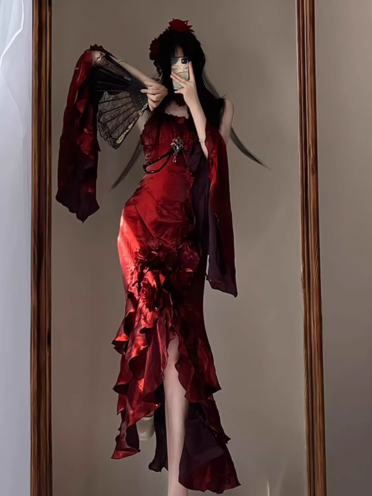 Vintage High Low Irregular Ruffled Spaghetti Straps Women's Burgundy Birthday Outfits Party Dresses With Sleeves