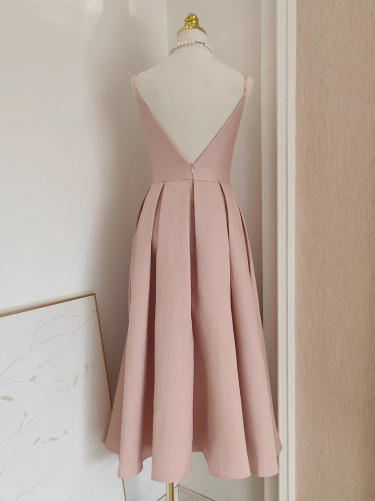 Simple A line Spaghetti Straps Pink Satin Vacation Dress Women Birthday Dresses