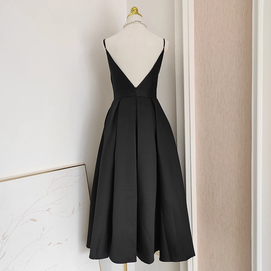 Simple A line Spaghetti Straps Black Satin Vacation Dress Women Birthday Dresses