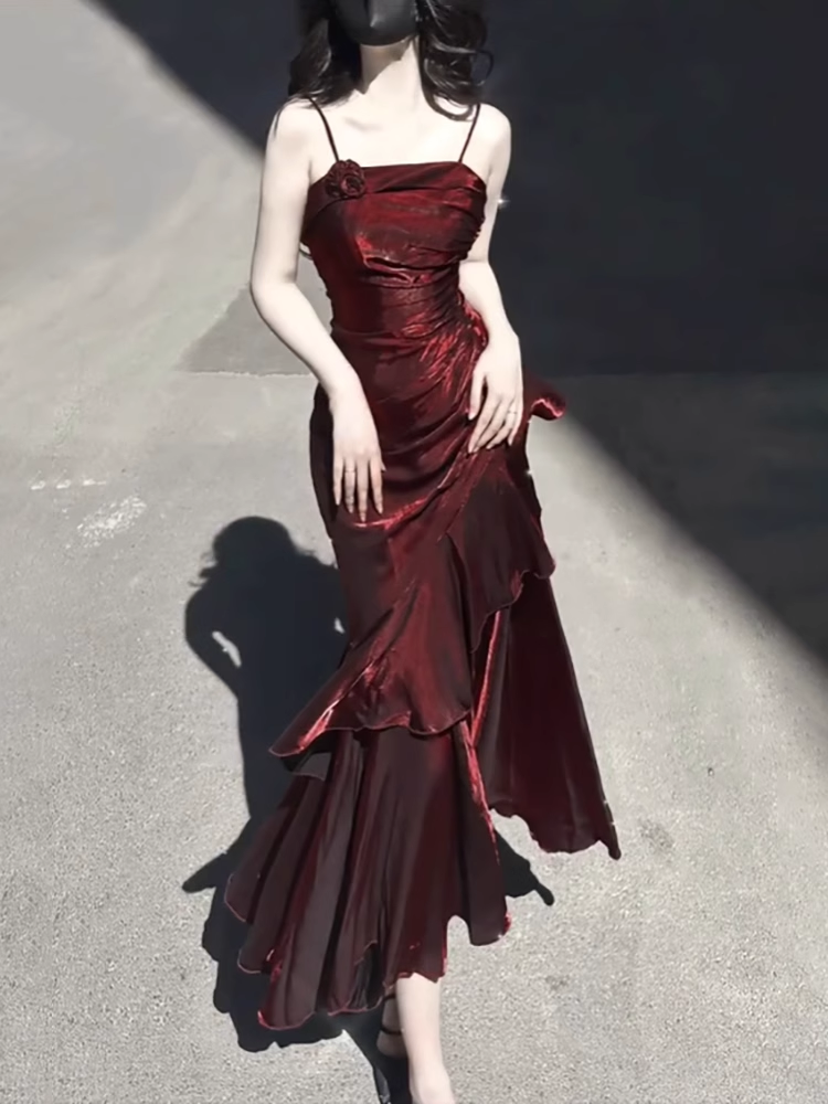 Vintage High Low Spaghetti Straps Burgundy Long Party Dresses Birthday Outfits