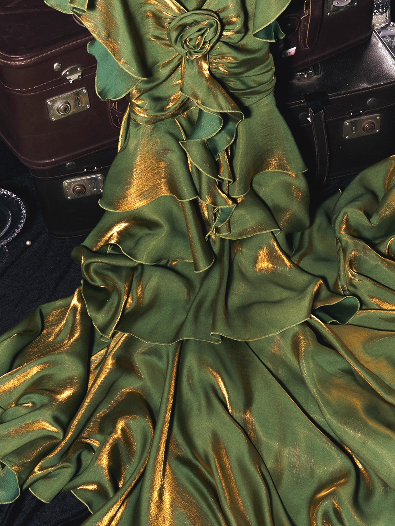 French Retro A line Short Sleeves Green Long Prom Dress Birthday Dresses
