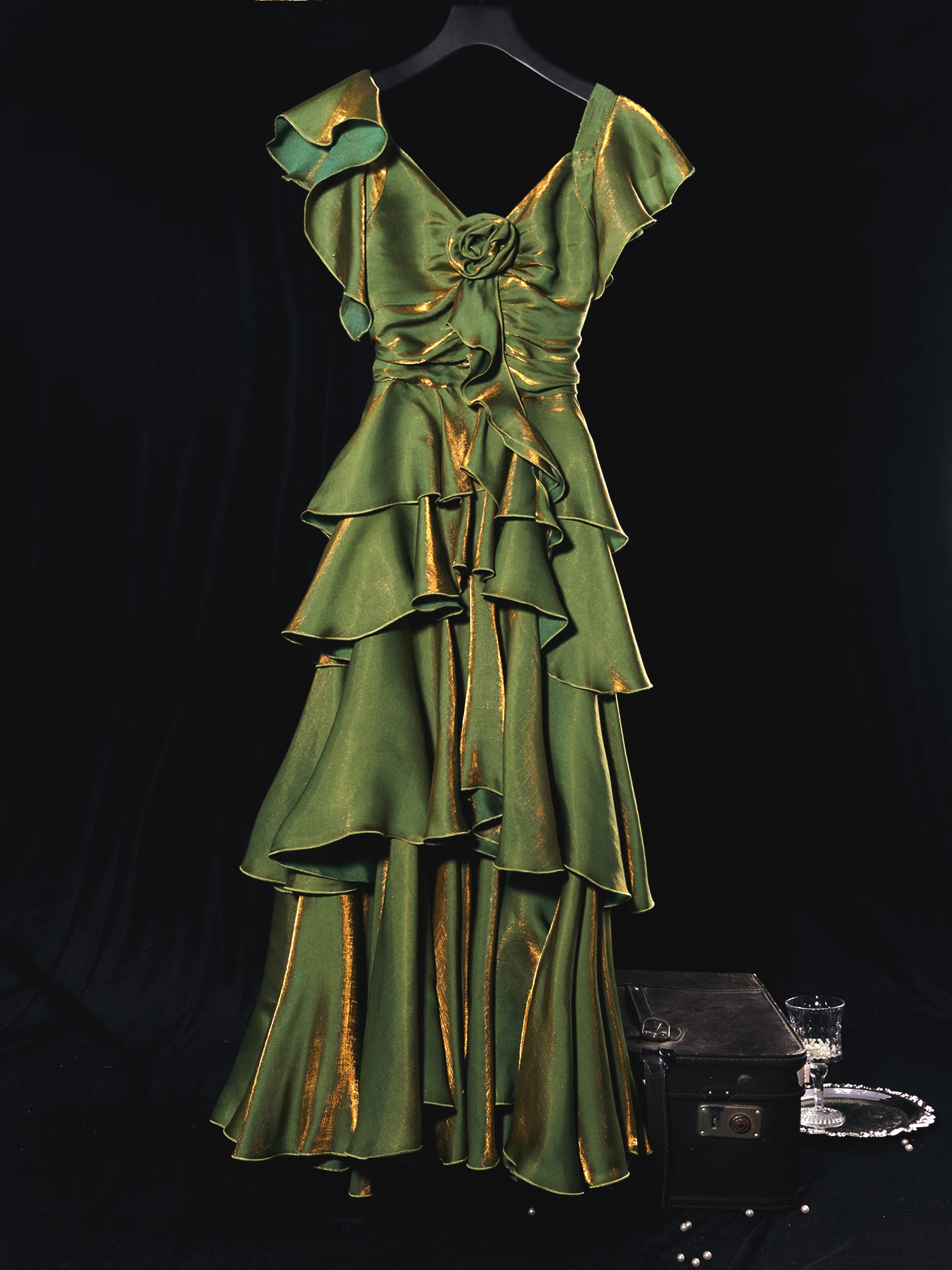 2025 French Retro A line Short Sleeves Green Long Prom Dress Birthday Dresses