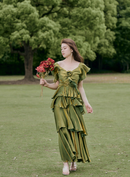 2025 French Retro A line Short Sleeves Green Long Prom Dress Birthday Dresses