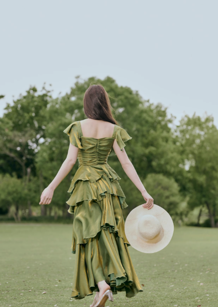 2025 French Retro A line Short Sleeves Green Long Prom Dress Birthday Dresses