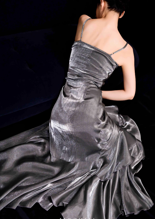 French Vintage Mermaid Spaghetti Straps Ruffles Silver Gray Prom Dresses Birthday Outfits